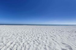 Image of Pensacola beach, with white sands and a blue sky, the ocean in the distance, no people in sight.