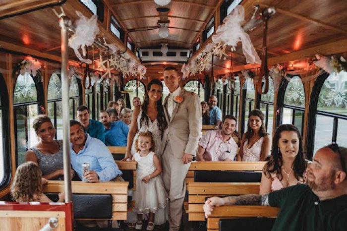 Wedding couple on trolly